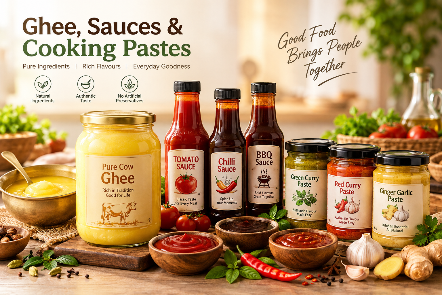 Pure natural ghee, sauces and cooking pastes for wholesale distribution
