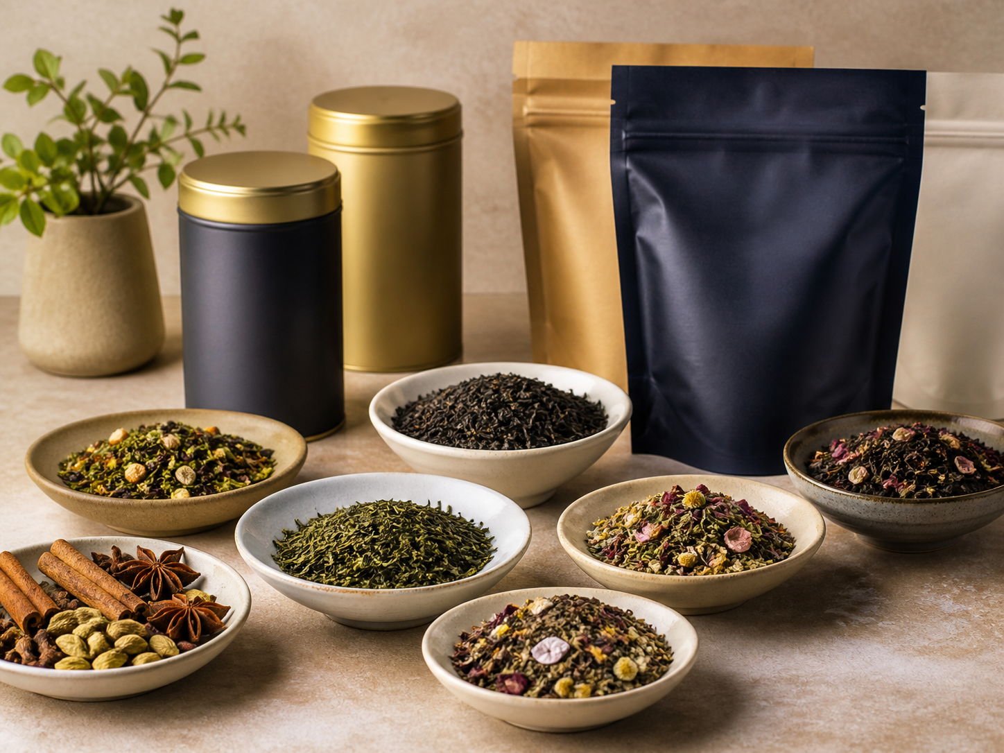 Loose-leaf black tea, green tea, chai spices and herbal infusions