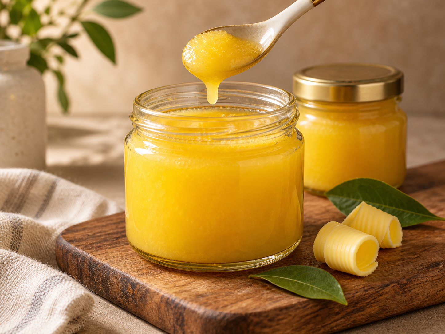 Pure natural ghee in glass jars with spoon