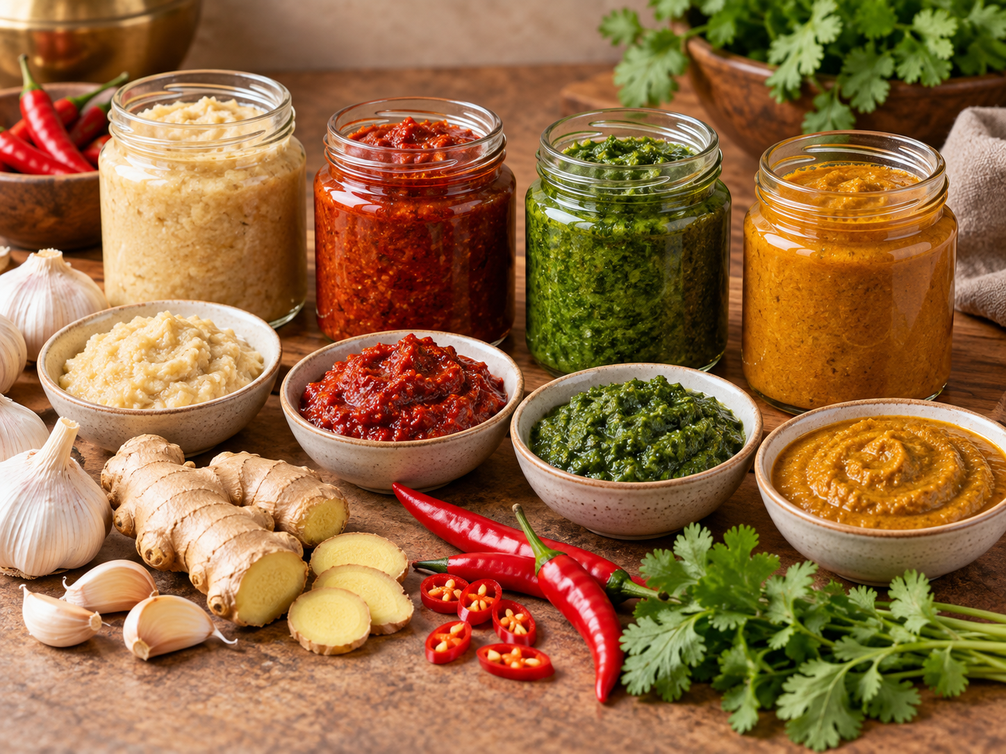 Cooking pastes, sauces and curry bases in glass jars