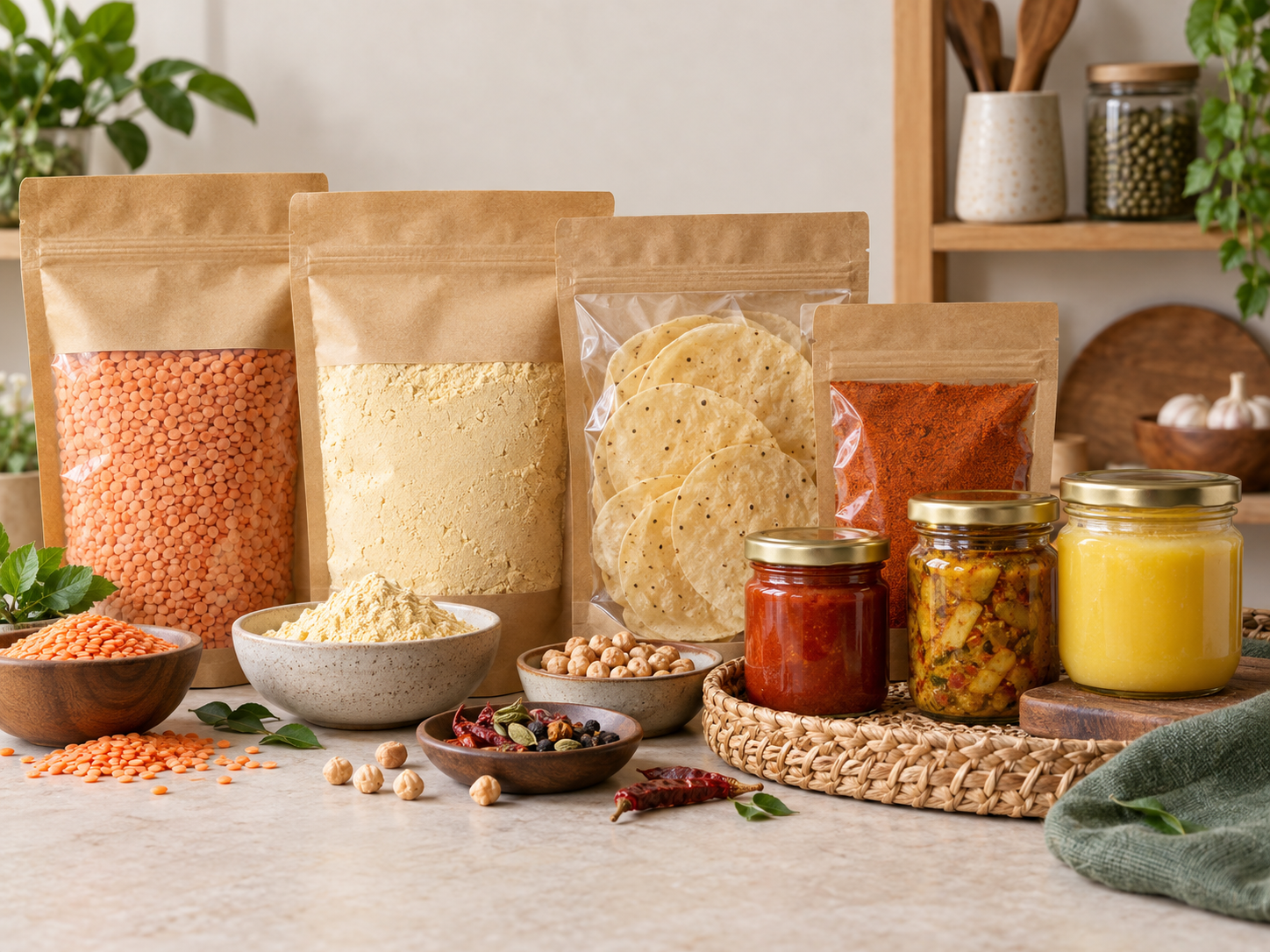 Regional Indo-Asian shelf essentials with pulses, papad, spices, ghee and condiments