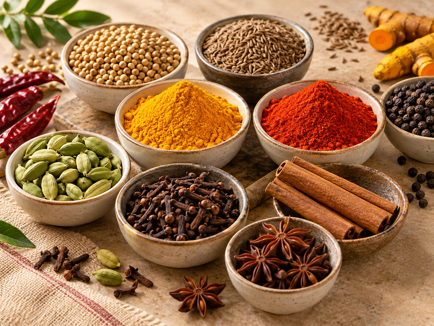 Raw whole and ground Indo-Asian spices in ceramic bowls