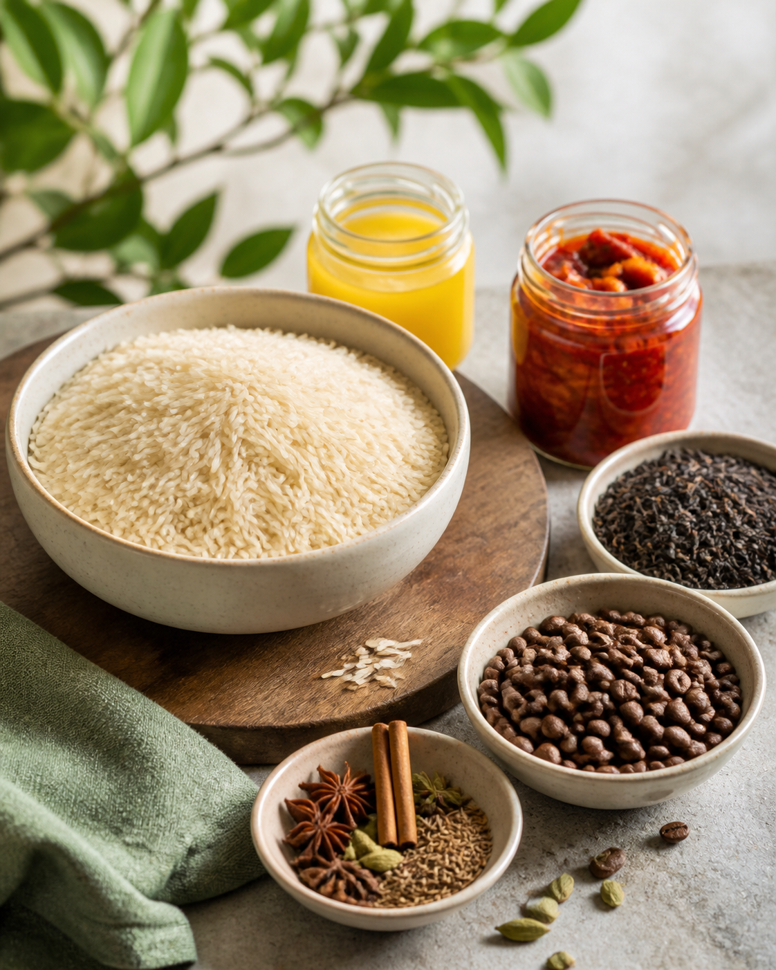 Premium basmati rice, spices, coffee, tea, ghee and pickle arranged in natural daylight