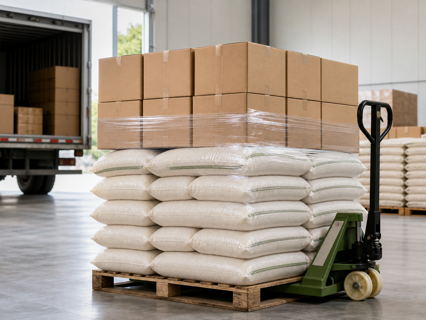 Palletized rice sacks and cartons for wholesale distribution