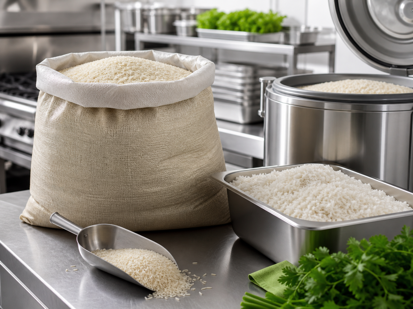 Bulk rice sack and cooked rice tray for horeca kitchens