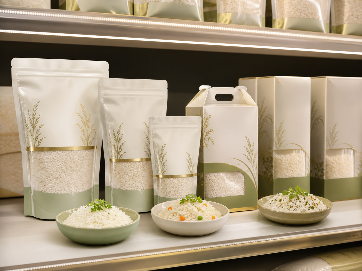 Shelf-ready rice packs for retail grocery display