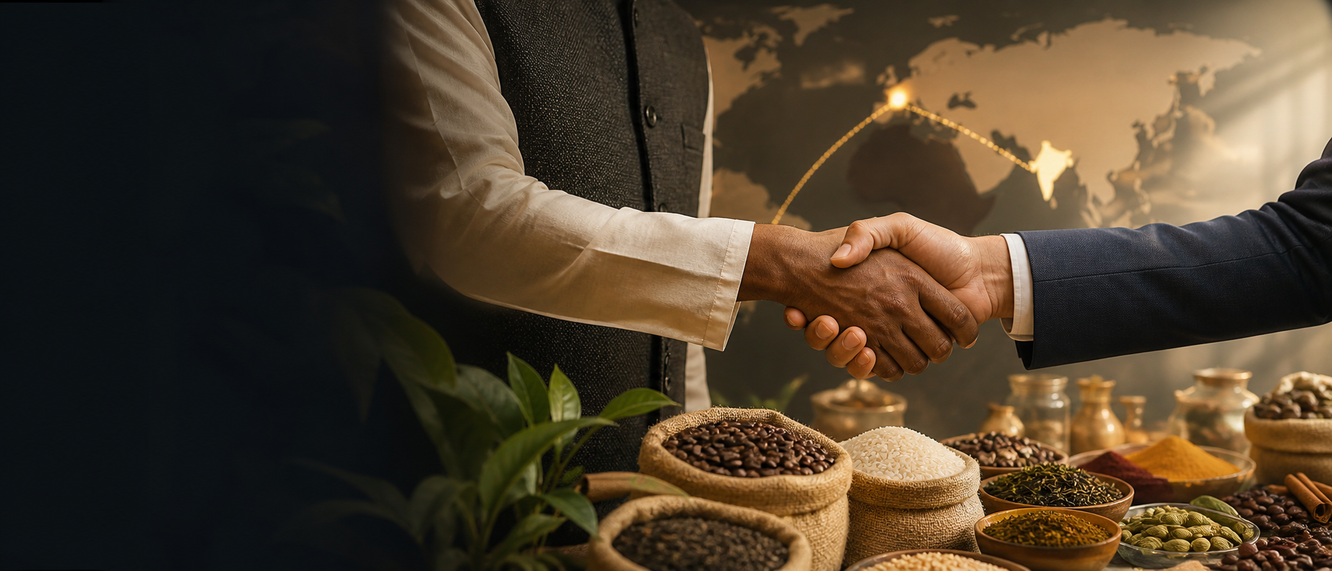 Indo-European food import representatives shaking hands beside coffee, rice, tea and spices