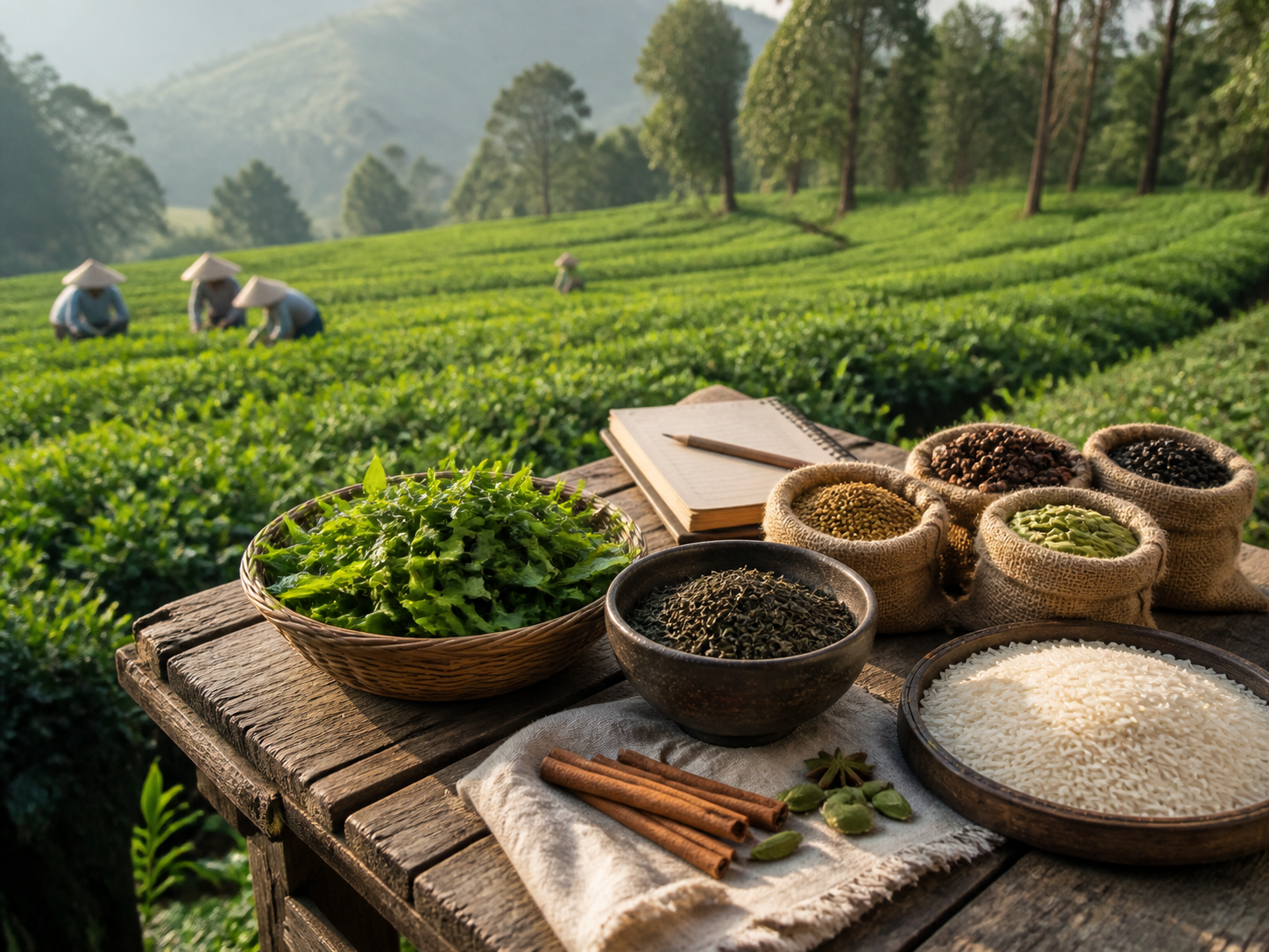 Origin tea fields with premium tea leaves, spices and basmati rice prepared for sourcing quality checks