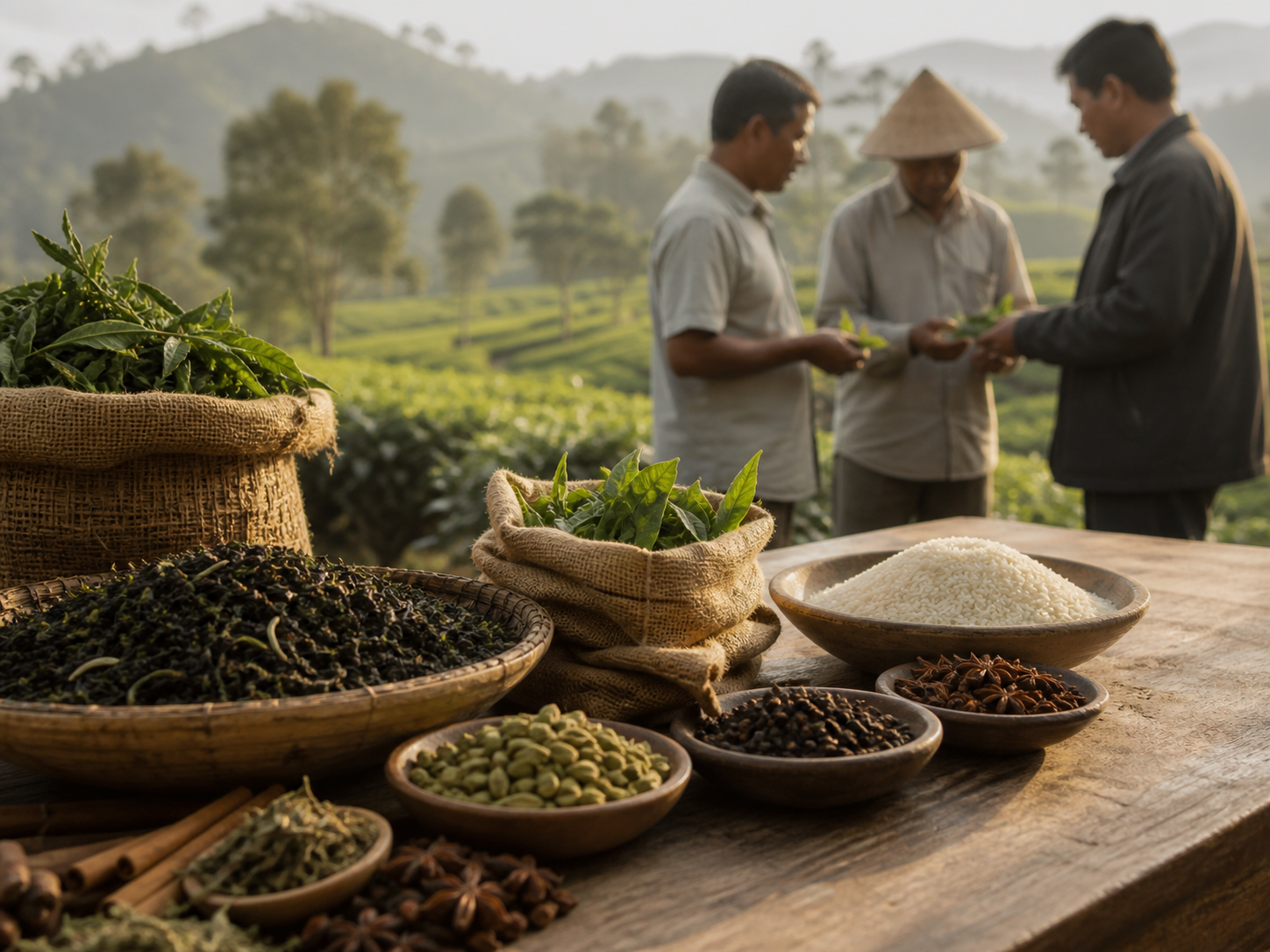 Premium Indo-Asian ingredients with growers and sourcing partner reviewing produce in tea fields
