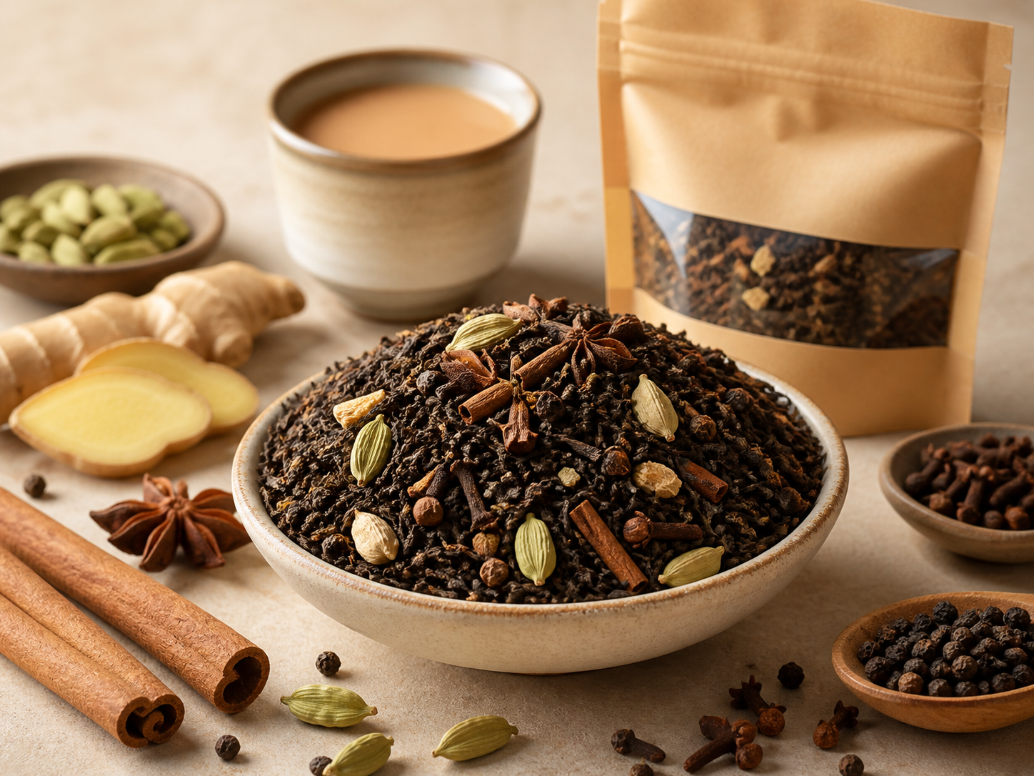 Spiced chai blend with black tea and whole spices