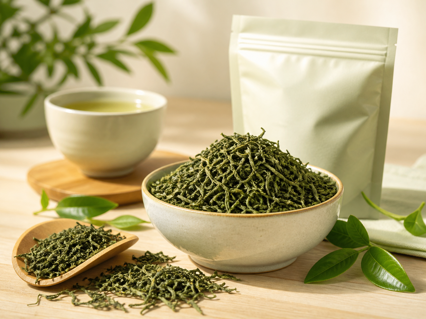 Fresh green loose-leaf tea with premium packaging