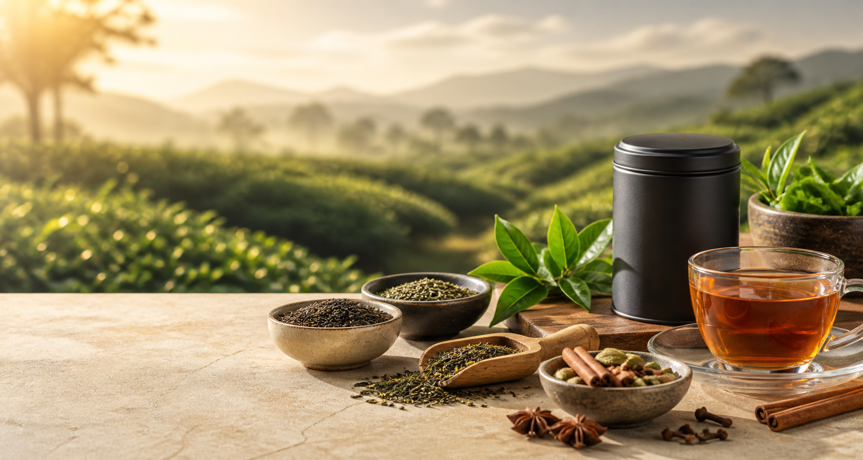 Premium tea leaves, tea tin, amber tea cup and chai spices for bulk European supply