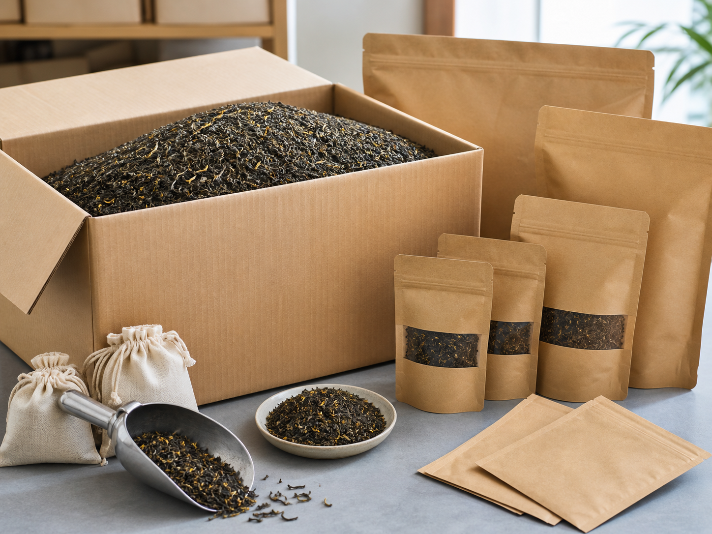 Bulk loose-leaf tea carton with wholesale pouches