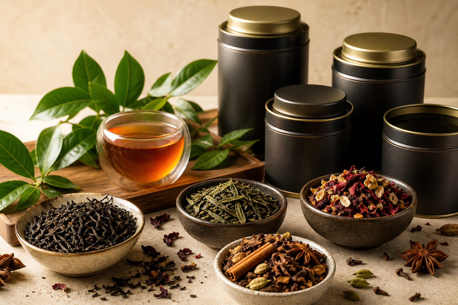 Premium tea selection with black tea, green tea and chai blends