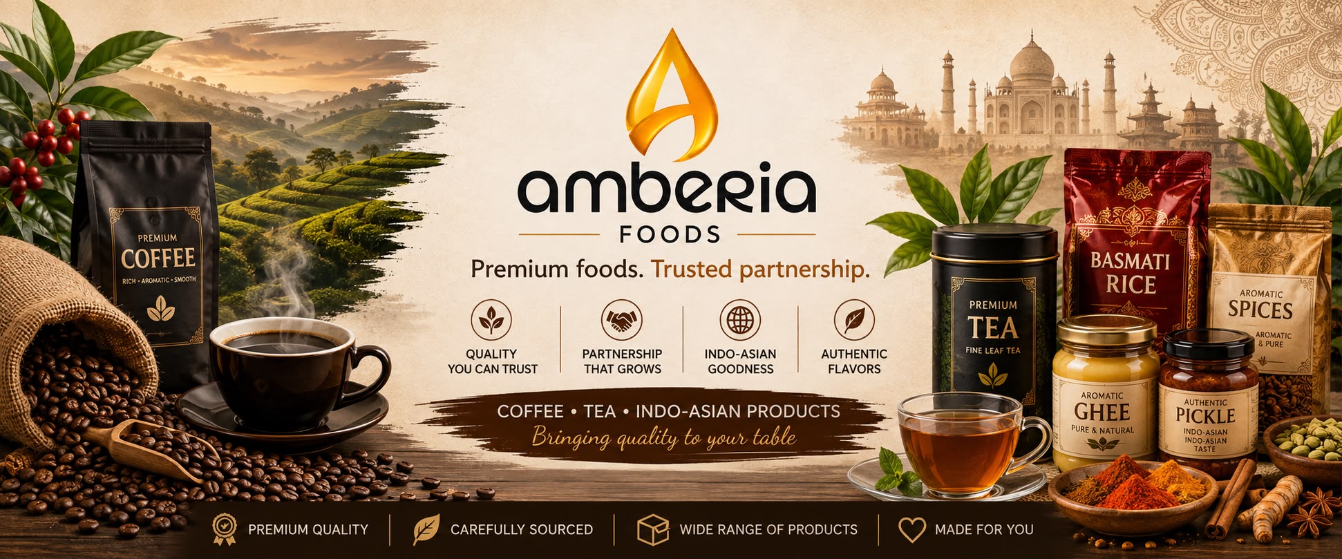 Amberia Foods premium coffee, tea, basmati rice, spices, ghee and pickle banner